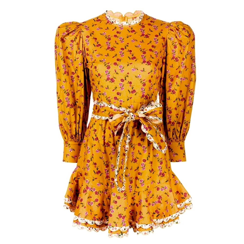 CeliaB Alder Dress Floral Puff Sleeve Scallop Mini Ruffle Tiered Micro Corduroy
